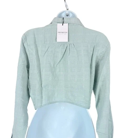 Promesa Crop Top Women Small Sea Foam Green NWT Tie Front Gauze Long Sleeve Boho - Picture 2 of 11